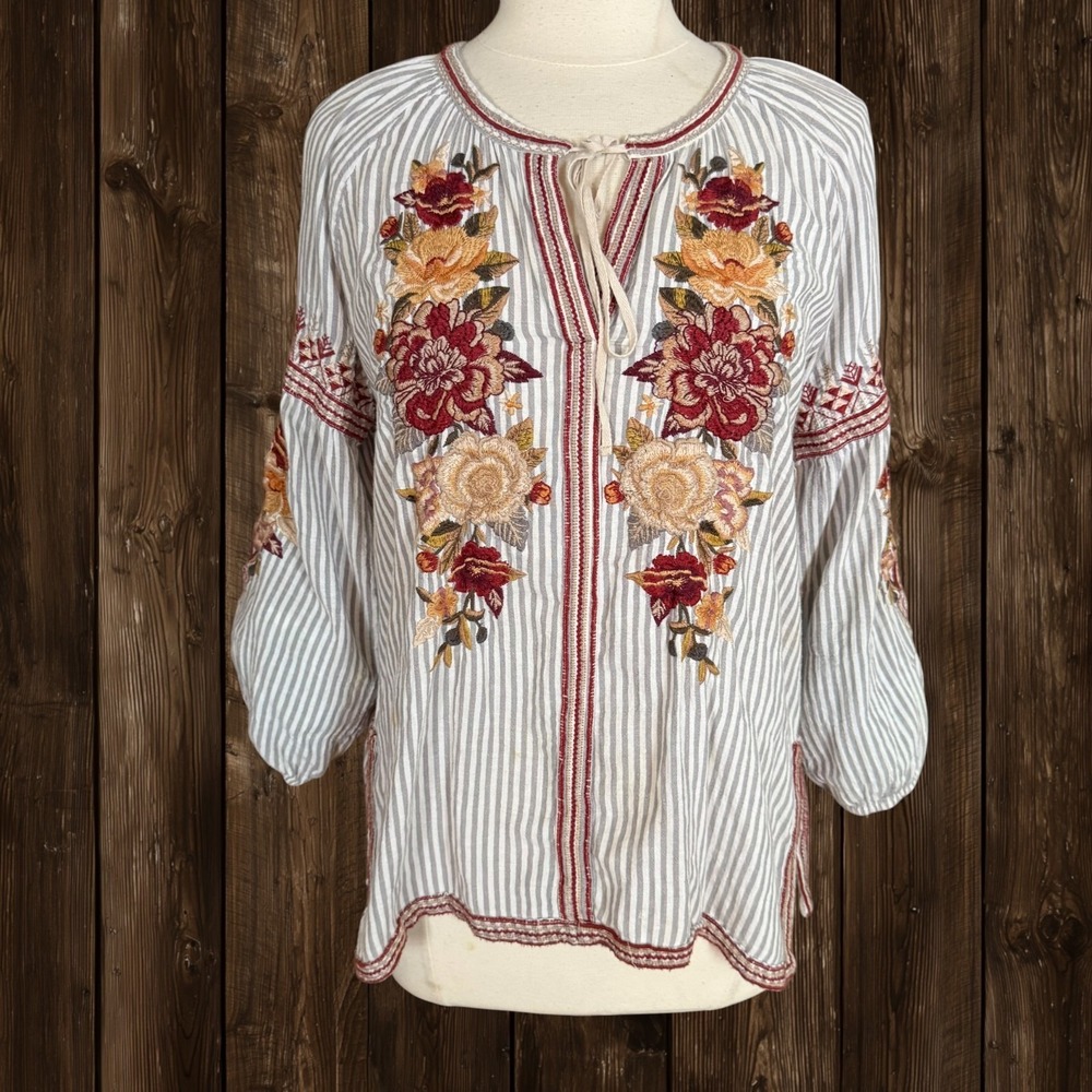 Johnny Was Embroidered Artemis Peasant Top Sz S 42" Bust Striped Art to Wear - Picture 2 of 12